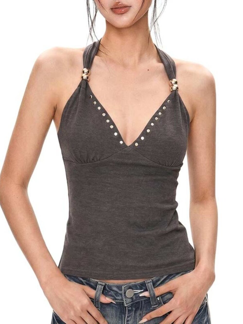 Dark Gray with Gold Accents Knit Cross Back Going Out Tank Top - Women's Large